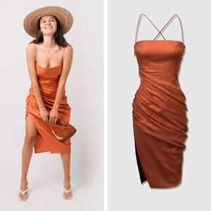 Into The Night •  Promenade 100% Linen Strappy Midi Dress in Terracotta | NWT